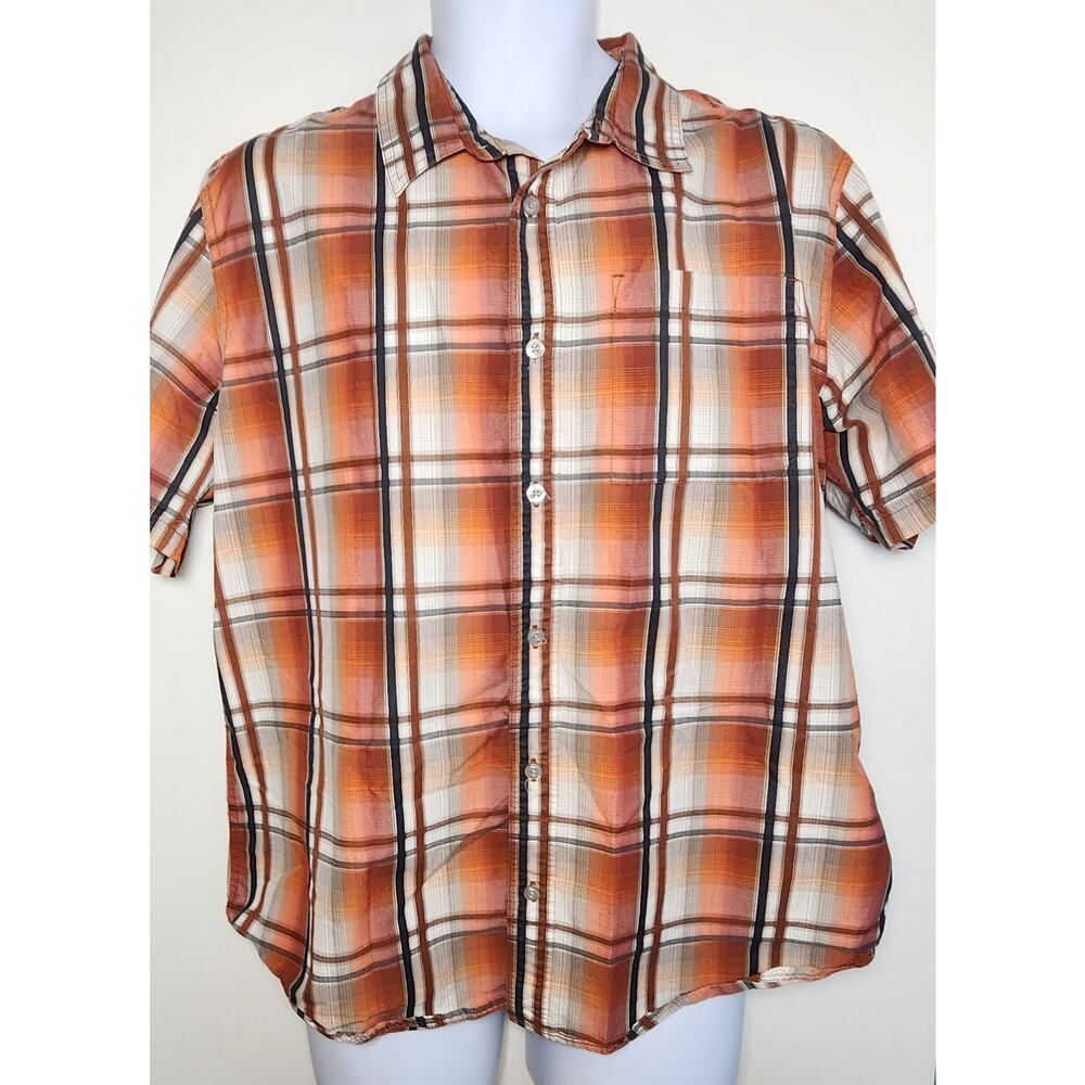 prAna Plaid Button Up Shirt Mens L Orange Brown Short Sleeve Outdoor